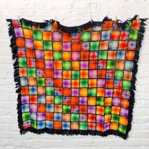 HANDMADE 1970s Rainbow Woven Knit Granny Square Patchwork Wall Throw